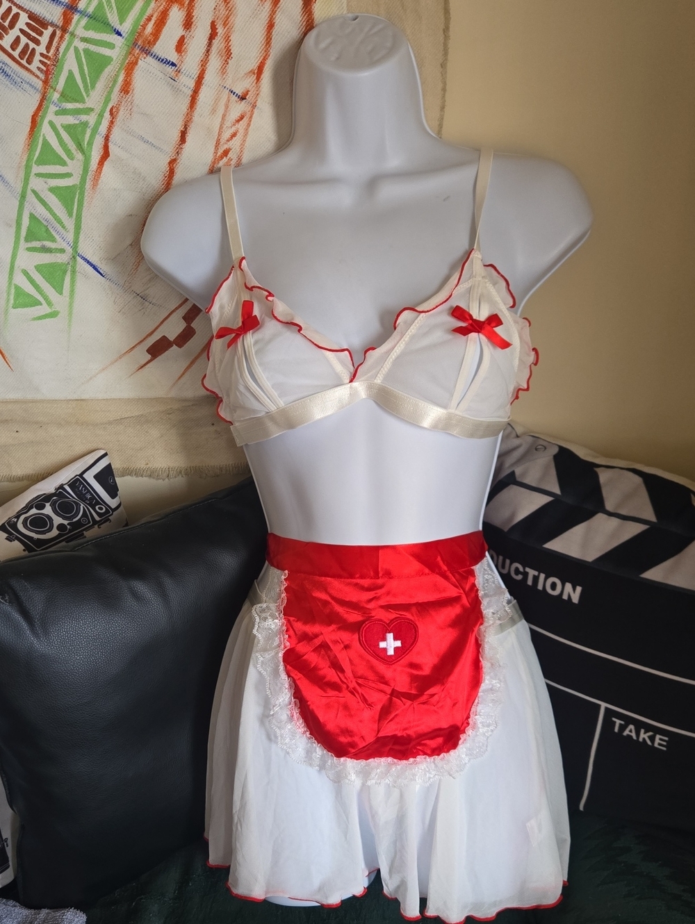Dolls Kill White & Red Nurse Lingerie Bra and Apron 4pc Set